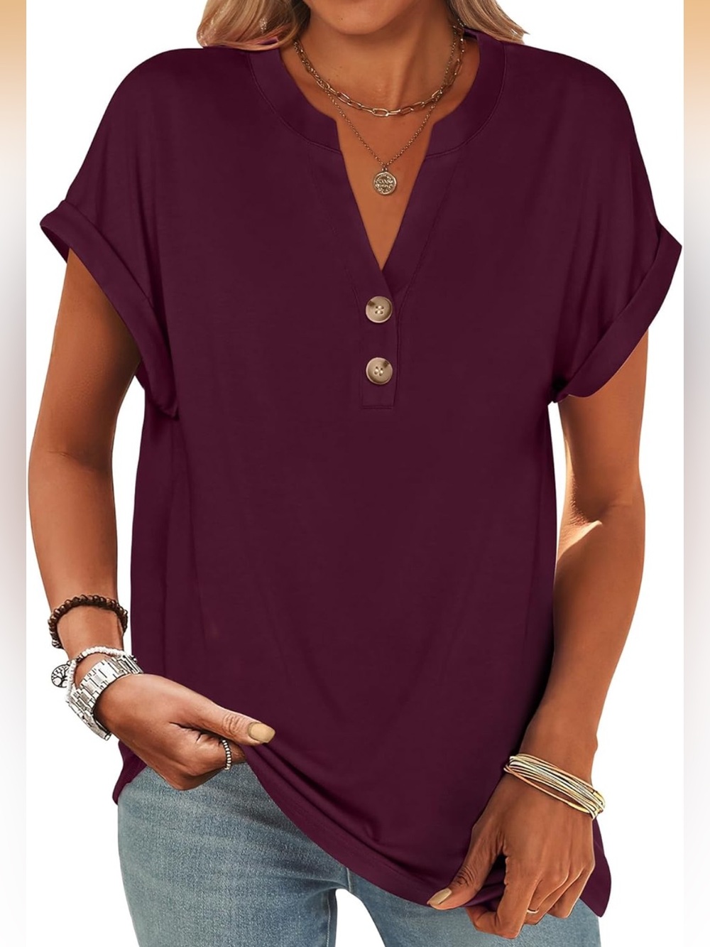 ANRABESS Short Sleeve Henley Top V Neck Dressy Casual Blouse Summer Trendy Shirt